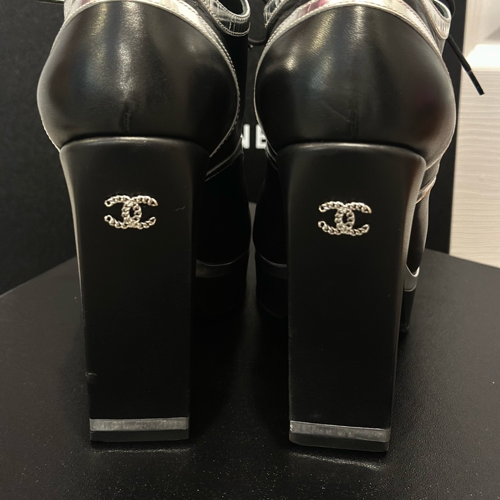 CHANEL Black and Silver Chunky Heels